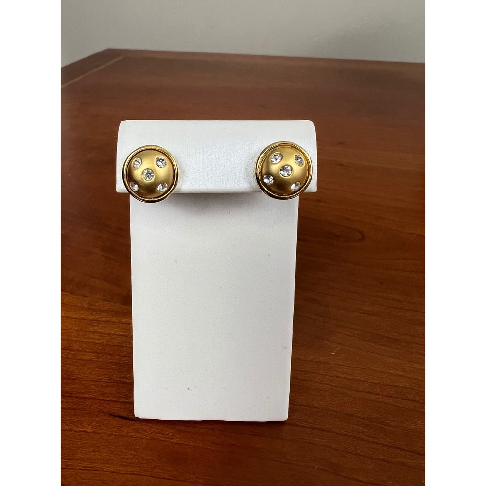 Vintage Gold Tone Crystal Inset Domed Button Stud Earrings Pierced Round